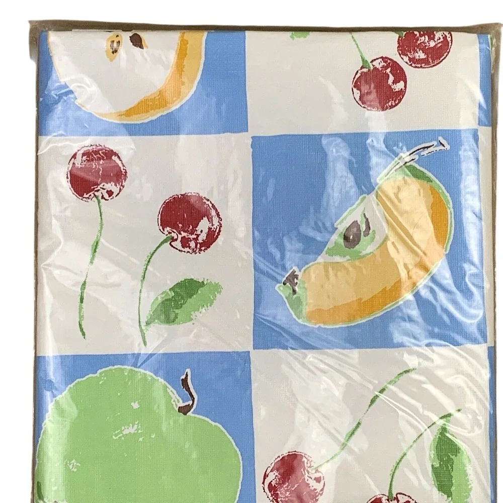 Home Essentials Fruit Print Vinyl Tablecloth Round 60in Flannel Backed Blue NEW